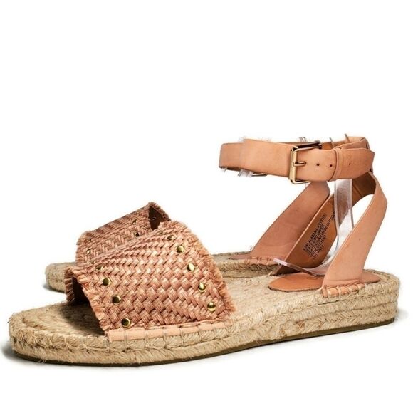 Kensie Alabama Tan Ankle Wrap Woven Fabric Gold Stud Flat Espadrille Sandals - Picture 1 of 12